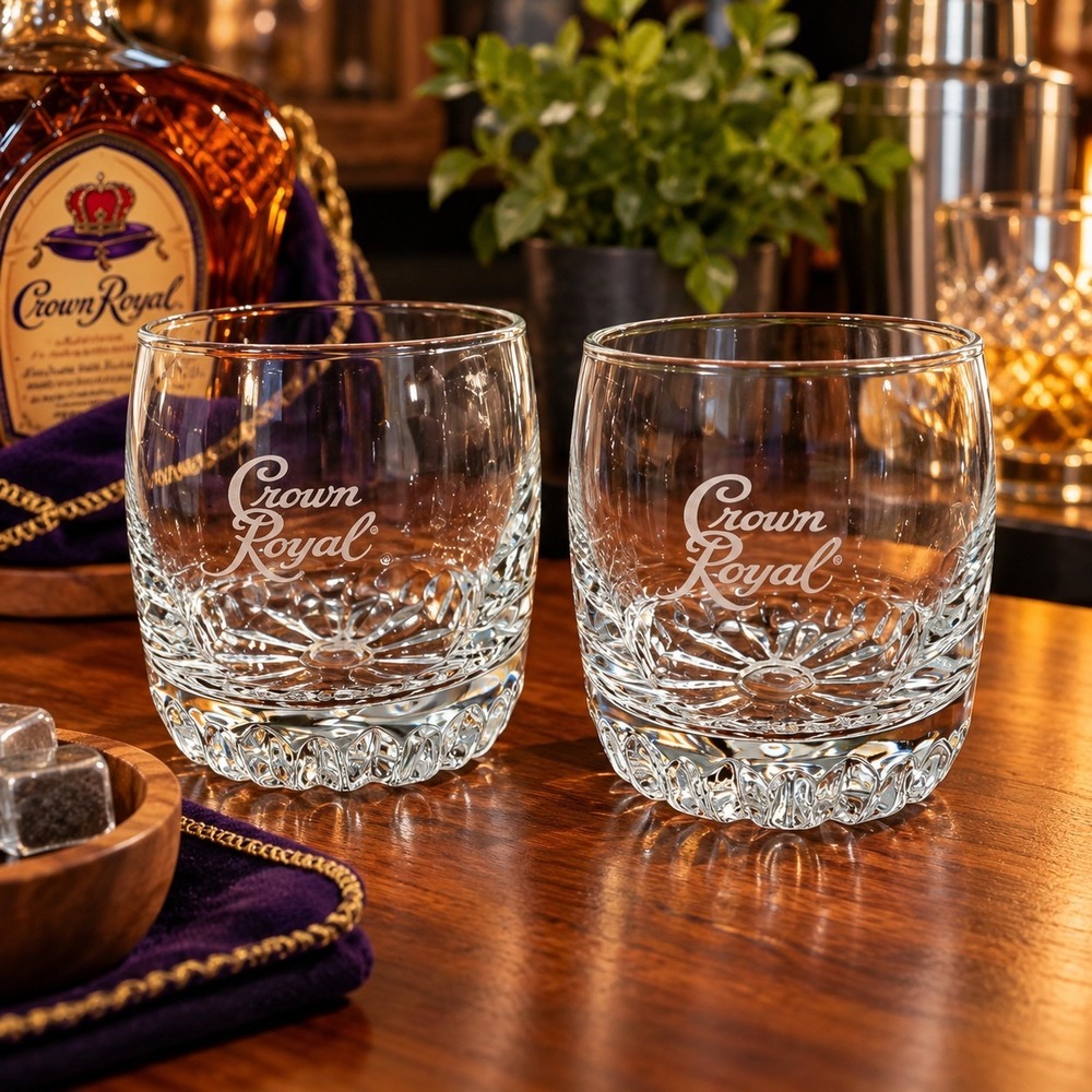 Crown Royal Whiskey Lowball Rocks Glasses Set Of 2 Rippled Bottom Etched Logo